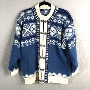 Vintage Scan Alp Cardigan Womens Medium Blue White Nordic New Zealand Wool Ski